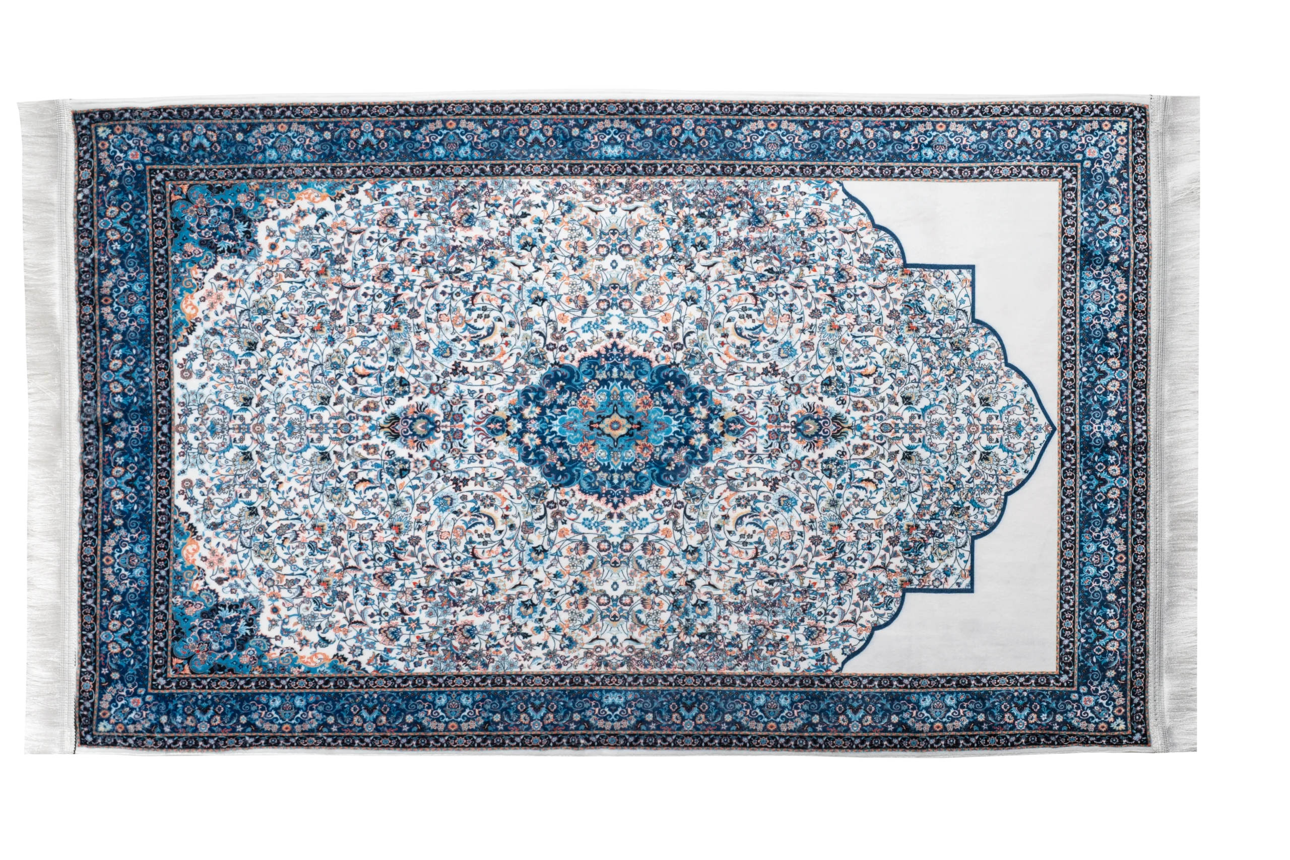 Krem Lacivert Kadife Seccade - Klasik Floral Desenli
